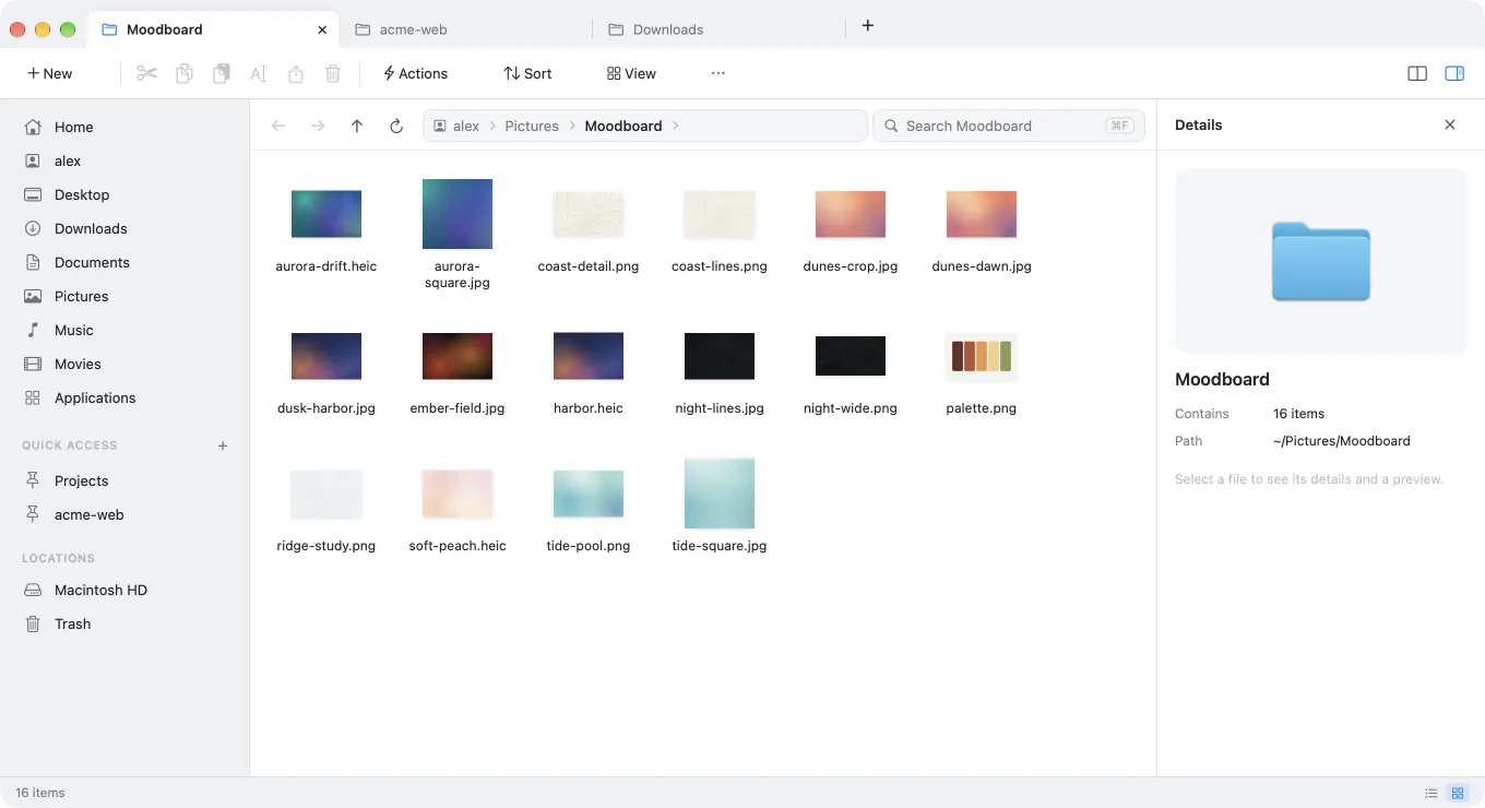 FileRanger in grid view, with thumbnails of the images in a folder and the details panel on the right.